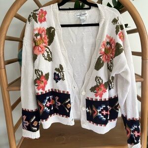 Casual Corner White and Pink Floral Cardigan